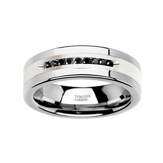 Tungsten Ring Black Shiny Polished Domed Wedding Band w/ Silver Stripe –  Monica Jewelers