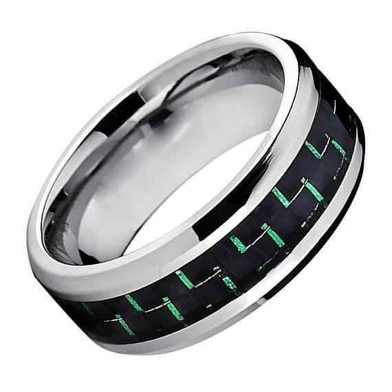 Men’s Tungsten Wedding Ring High Polish w/ Green Black Carbon Fiber ...