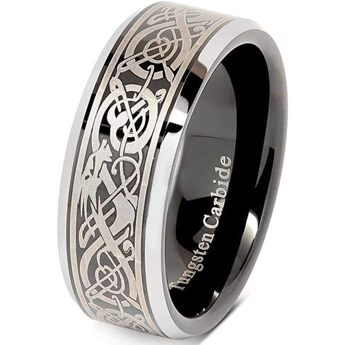 Milton Beveled Tungsten Carbide Wedding Ring with Celtic Dragon Design - 8mm