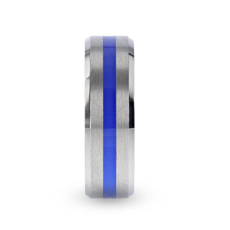 ORLANDO Blue Stripe Inlaid Titanium Flat Men's Wedding Ring - 8mm