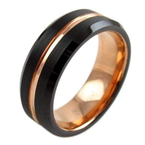 POLLO Beveled Black Tungsten Ring w/ Rose Gold Grooved Center 6mm & 8mm