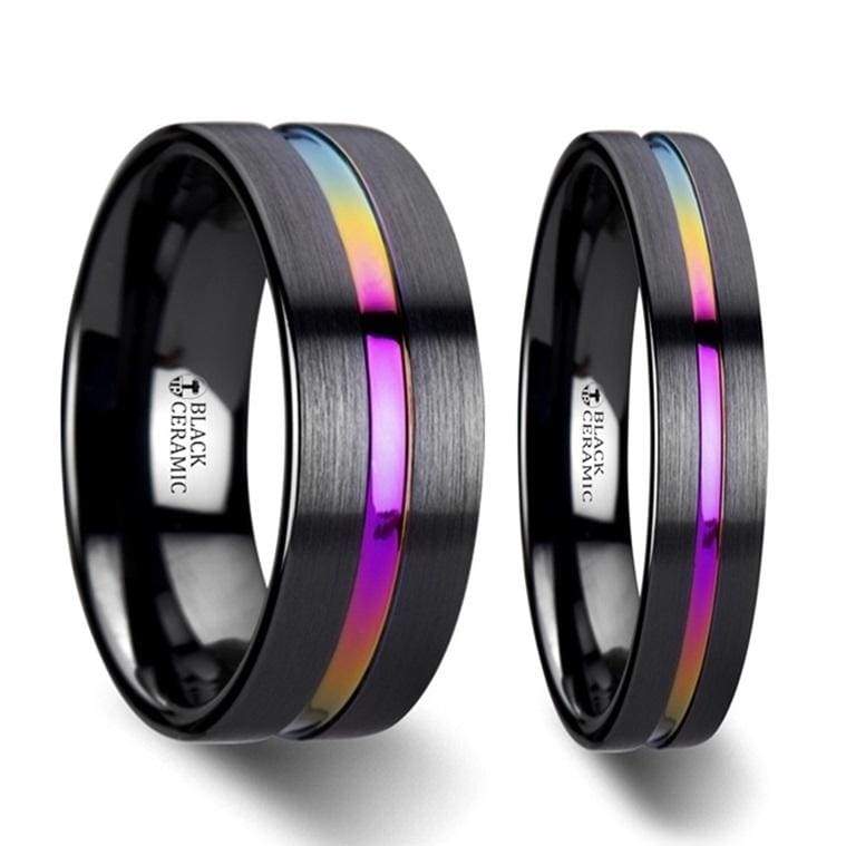 RAINBOW Black Ceramic Wedding Band Set W/ Rainbow Grooved And Brushed 4mm - 8mm