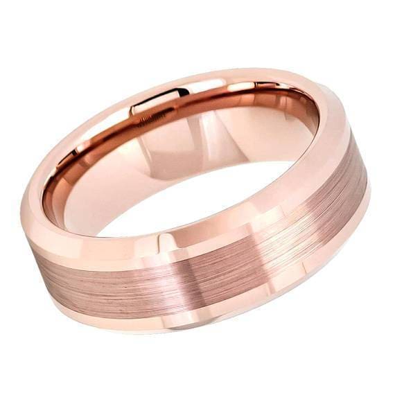 Mens Rose Gold Inlaid Tungsten Carbide Ring Brushed Comfort Fit - 8mm