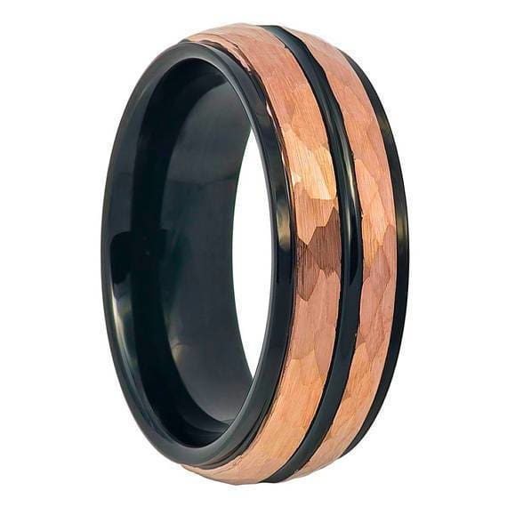 Rose Gold Hammered Finish Tungsten Two-tone with Black Center Groove ...
