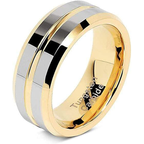 Trenton Yellow Gold Inlaid Grooved Center Gunmetal Tungsten Carbide Ring - 8mm