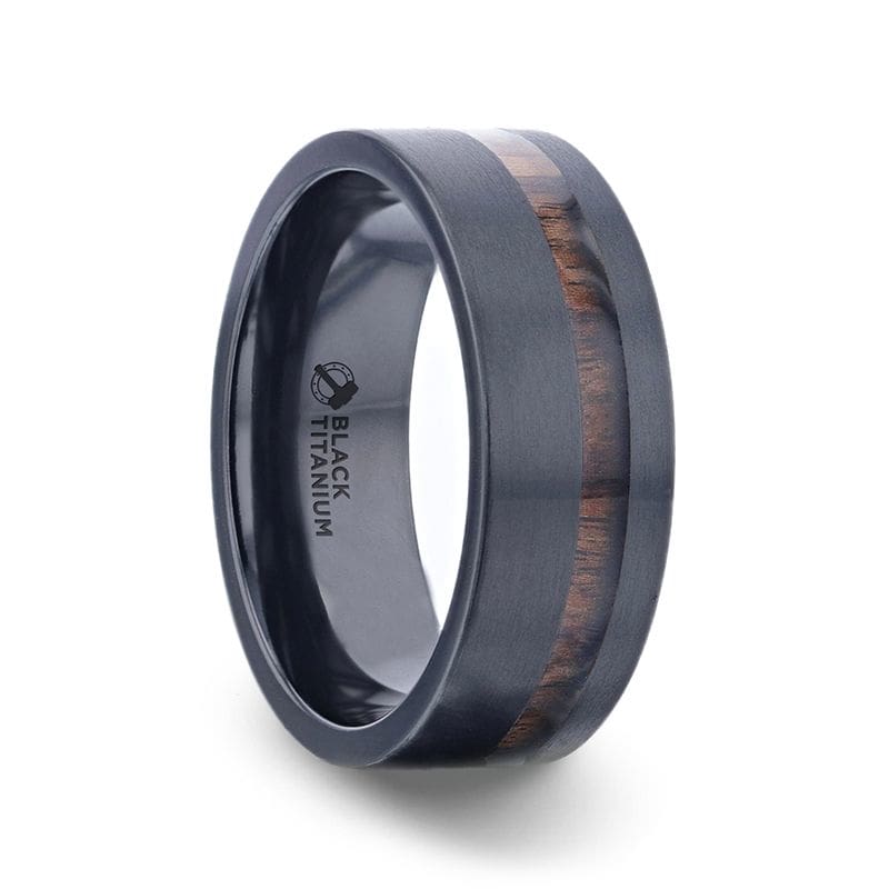 VALDEZ Koa Wood Inlaid Flat Black Titanium Men's Band With Polished Finish 8mm