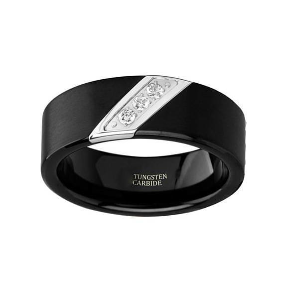 9MM Black Tungsten Carbide Flat Comfort fit band. Horizontal Brush Finish  with Bright Polished recessed center groove and Bevel Edge. Single Round Black  Diamond set in a Square Bezel. - Hannoush Jewelers