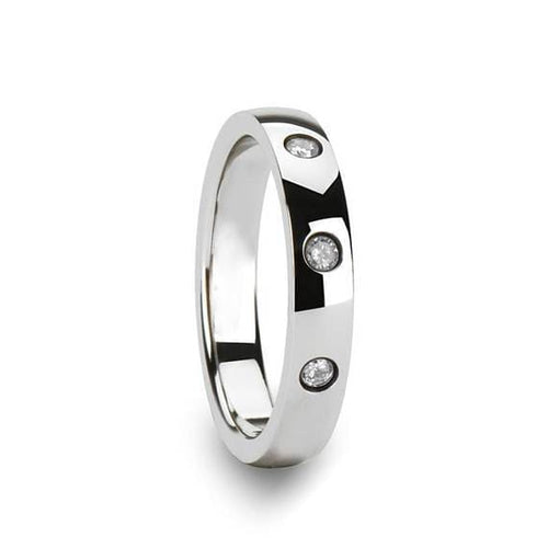 White Diamond Silver Tungsten Wedding Band with 3 Diamonds - 4mm