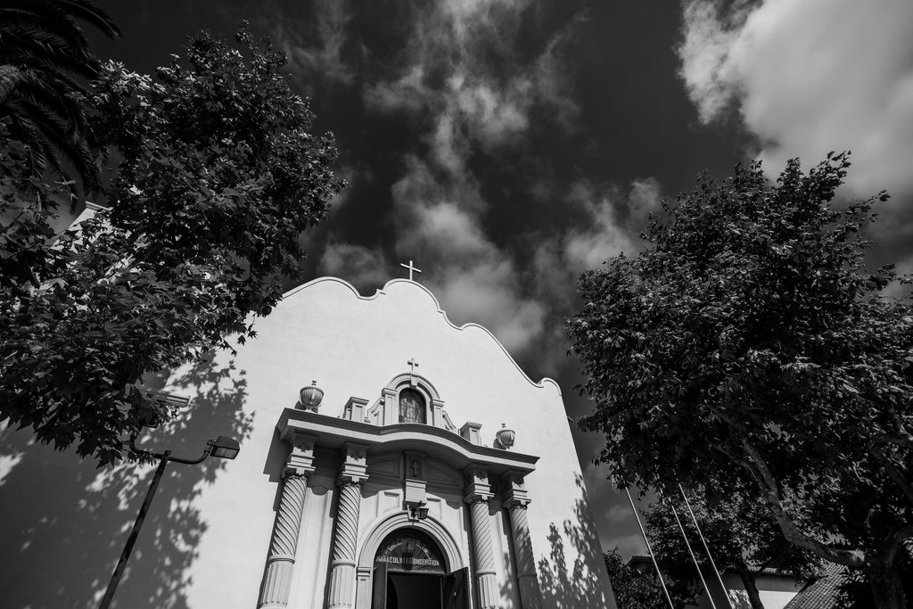 Black and white image of the immaculate conception church in Old Town San Diego