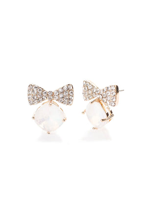 Bow Tie Crystal Post Earring-White - Jewels Clothing and Accessories
