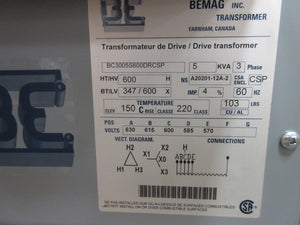 Bemag 3 Phase Transformer 5 KVA 600V to 347Y/600V Volts