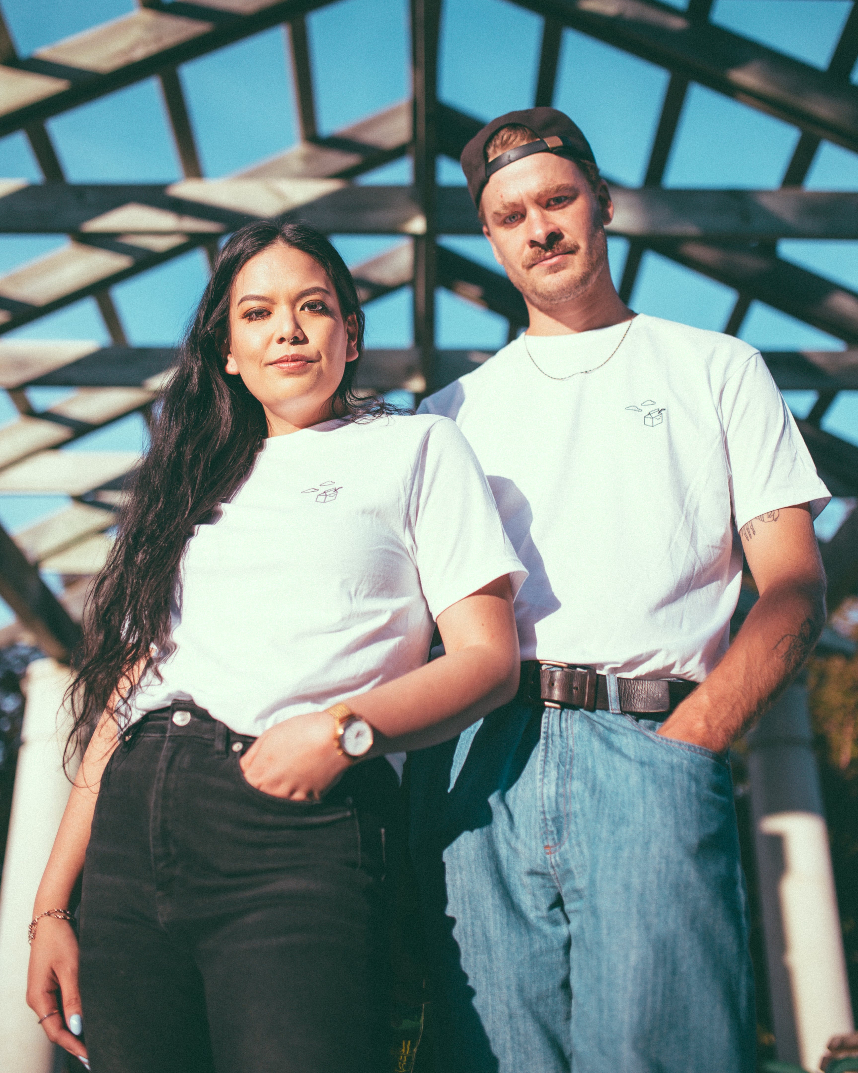 2 models wearing thankyou X milk jar shirts