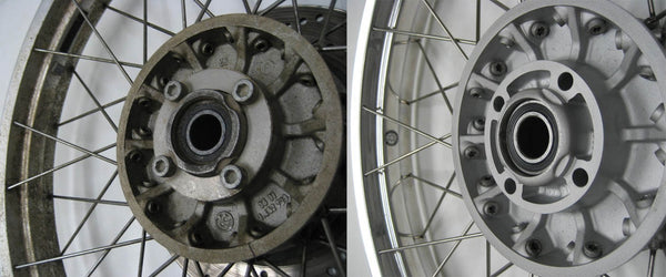 Before and after restoration of a BMW R100GS motorcycle wheel