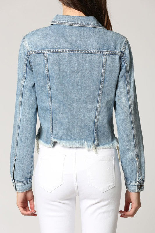 Karnel - Frayed Denim Crop Hook and Eye Jacket / Mid Rise