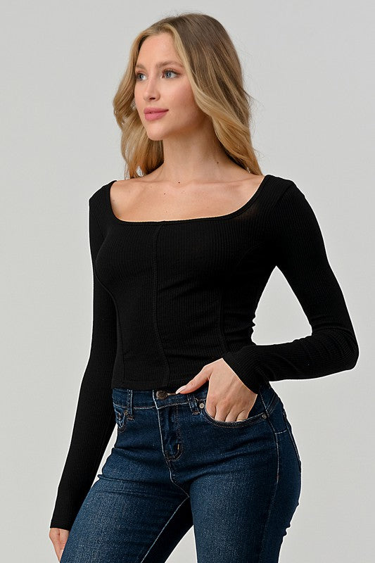 Plus Rib Long Sleeve Corset Top