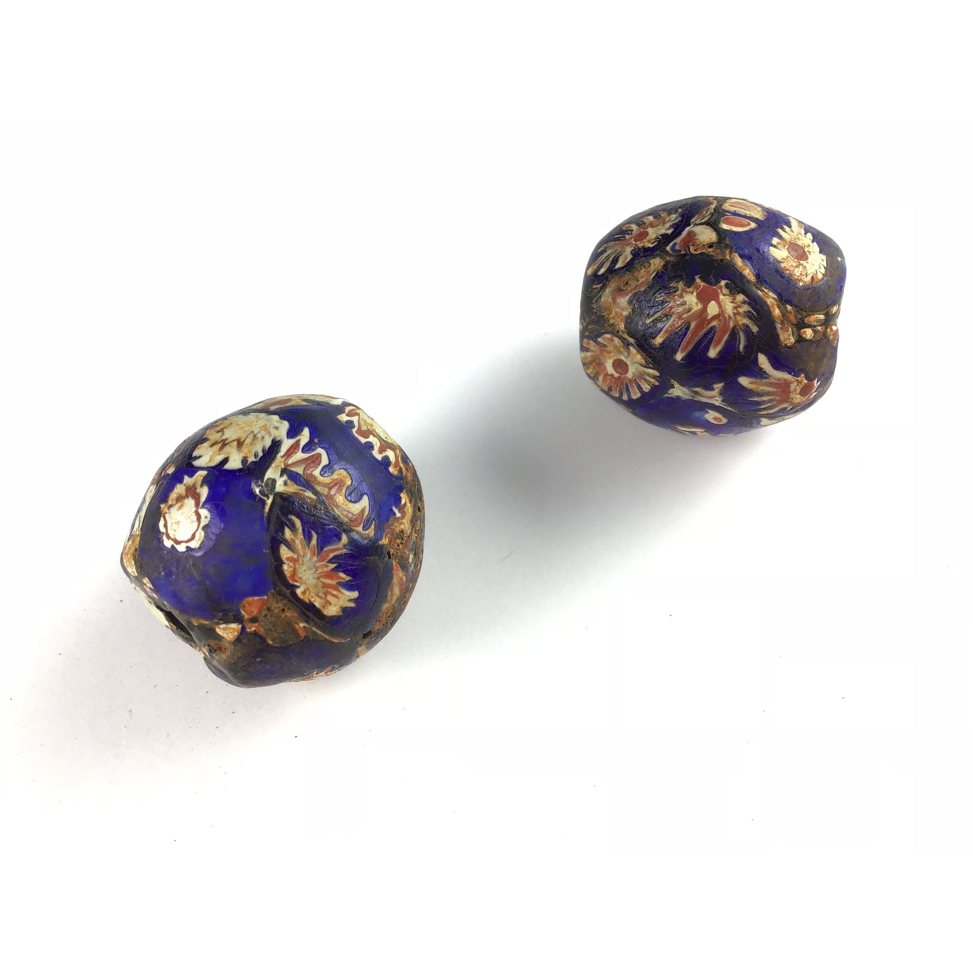 Deep Blue Large Java Glass Beads Hand Decorated with Venetian Chevron ...