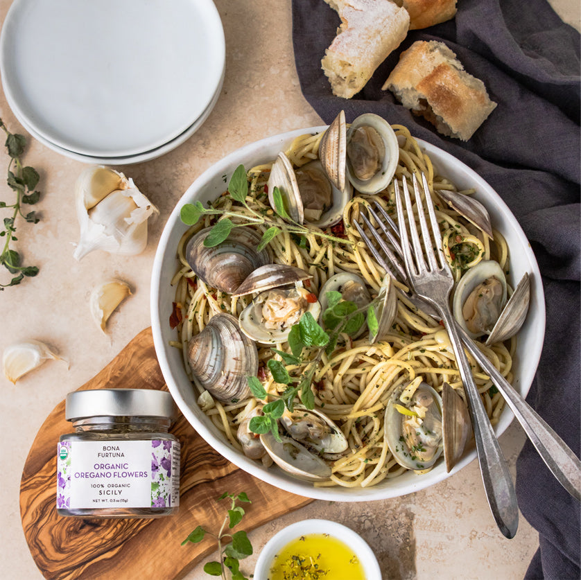 Spaghetti alla Vongole with Bona Furtuna Organic Spaghetti and Oregano Flowers