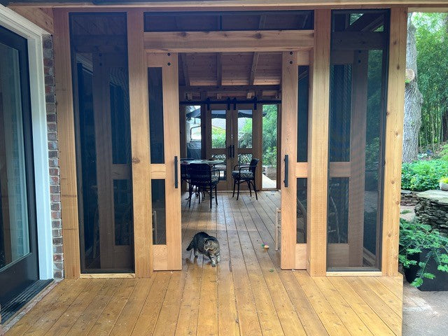 Pair Open Cedar Screen Doors to Screen Porch