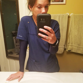 Georgia Nurse Wearing Dark Navy Full Arm Tattoo Cover Up Sleeves by Ink Armor