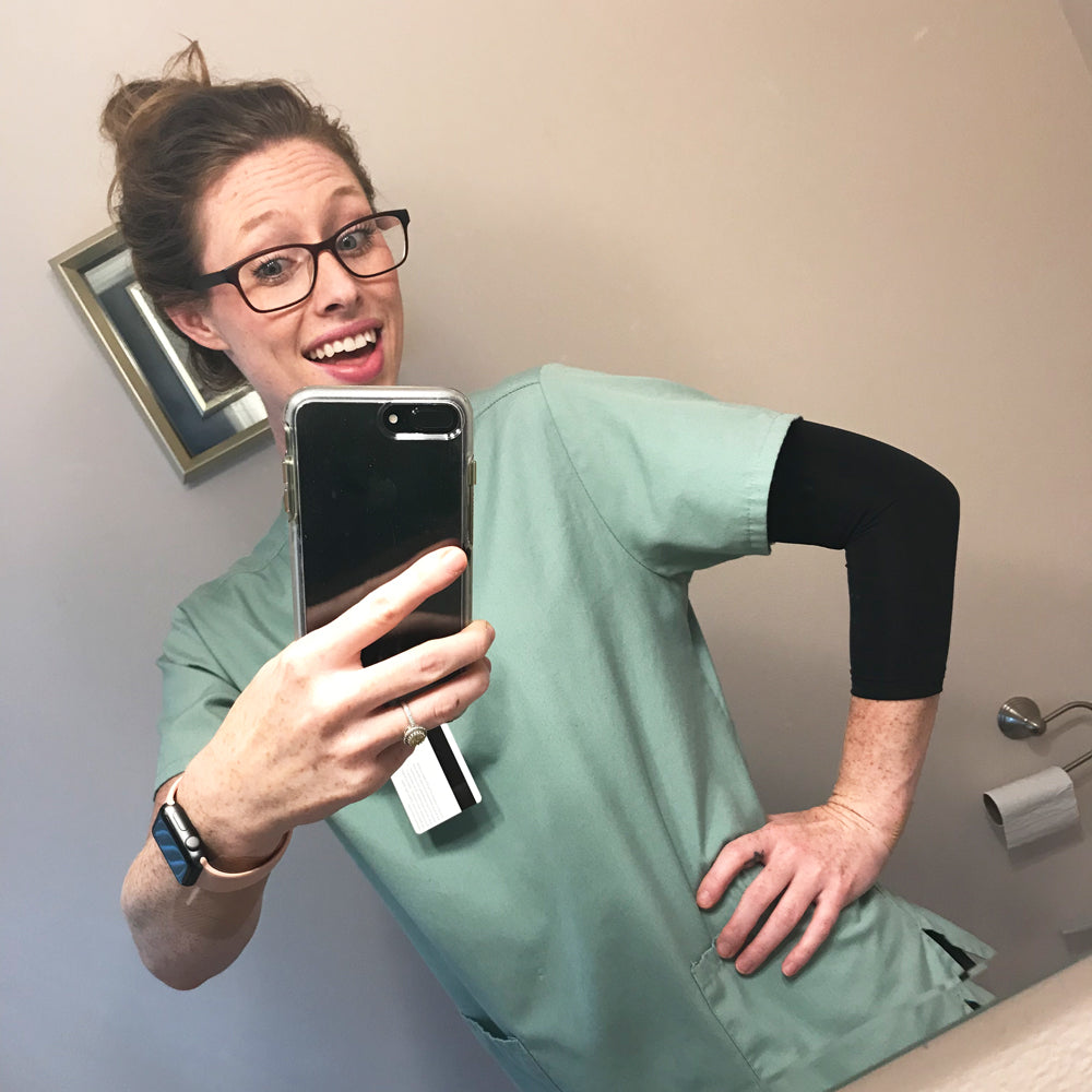 pretty nurse covers up tattoos with 3/4 arm ink armor sleeve