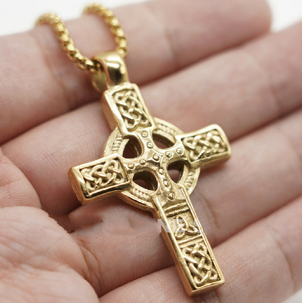 10k Gold Plated Irish Celtic Cross Pendant Necklace For Men Women Ericol Jewelry 7111