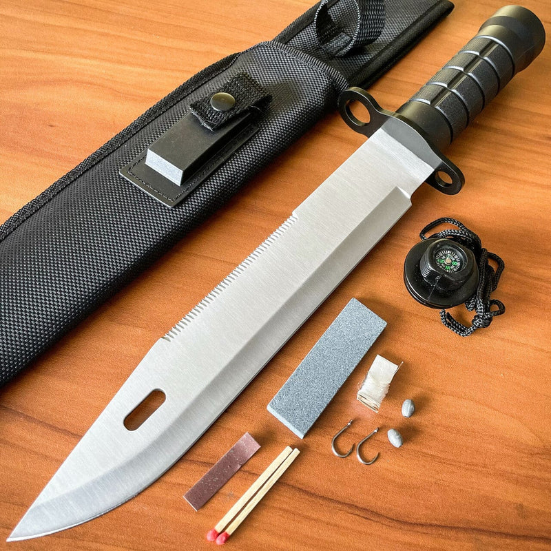 12 Tactical Camping Hunting Rambo Fixed Blade Knife Chrome Bowie + Survival  KIT - MEGAKNIFE