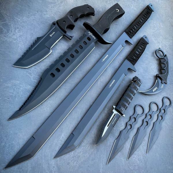 6 PC Black Tactical Set Karambit Throwing Knives Axe Hunting Knife