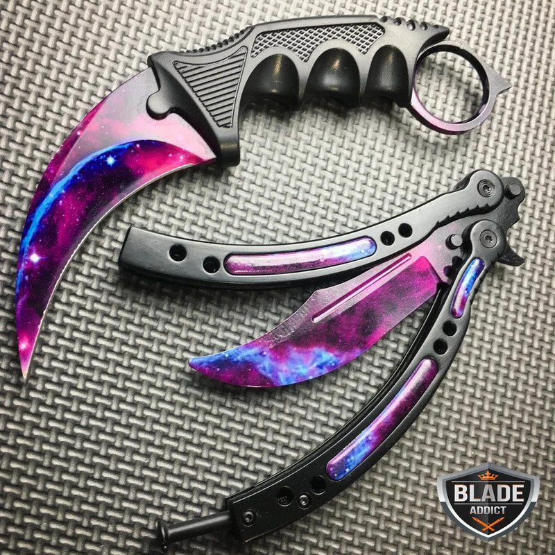 9PC SET GALAXY FIXED CLEAVER TANTO KARAMBIT Bowie HUNTSMAN Hook FLIP  TRAINER