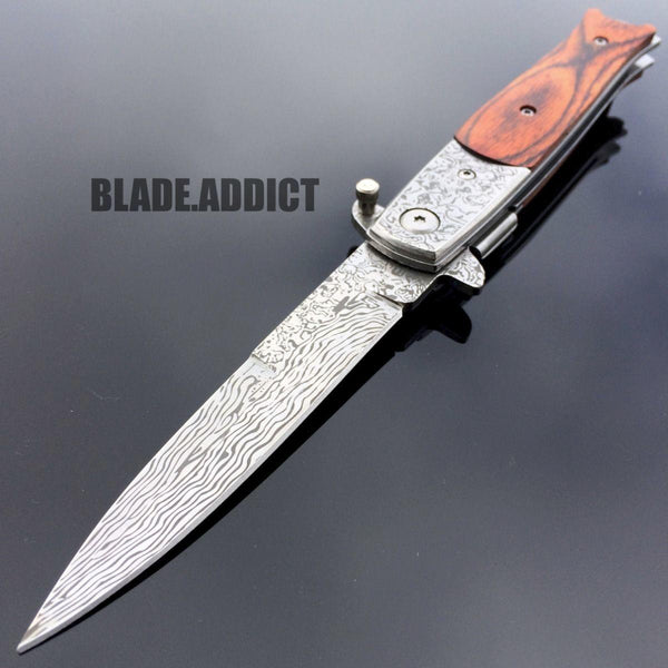 Spring-Assist Folding Knife Damascus Etch Blade Gothic Stile