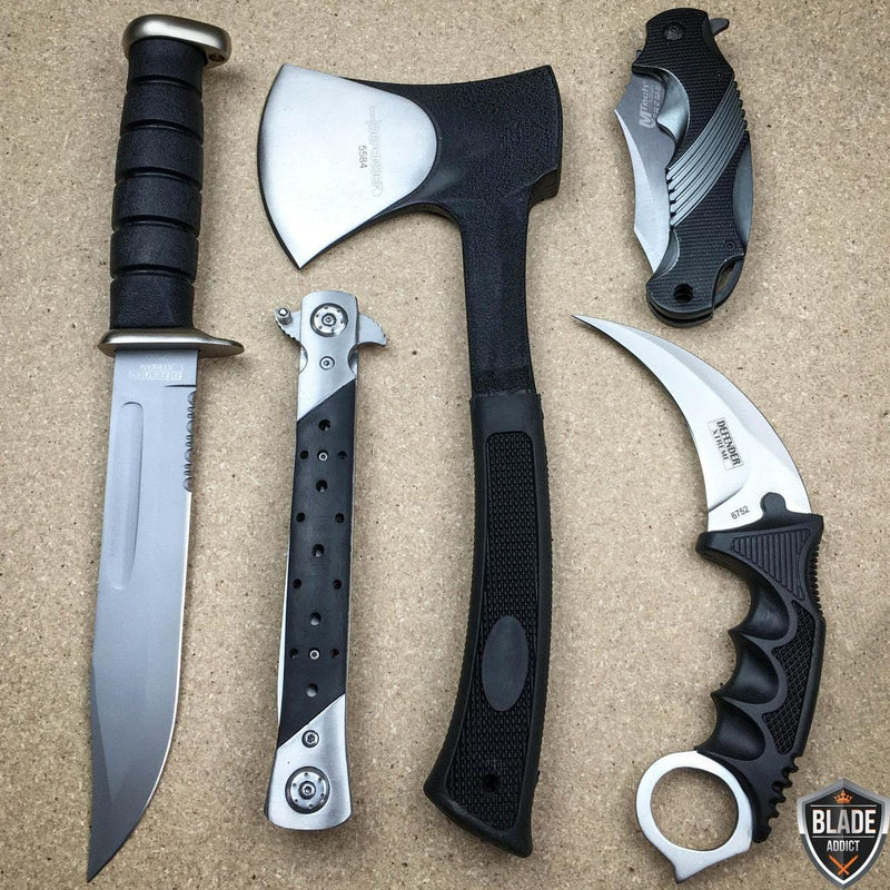 6 PC Black Tactical Set Karambit Throwing Knives Axe Hunting Knife