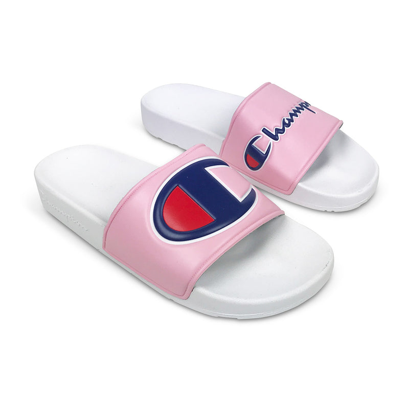 pink and white champion slides