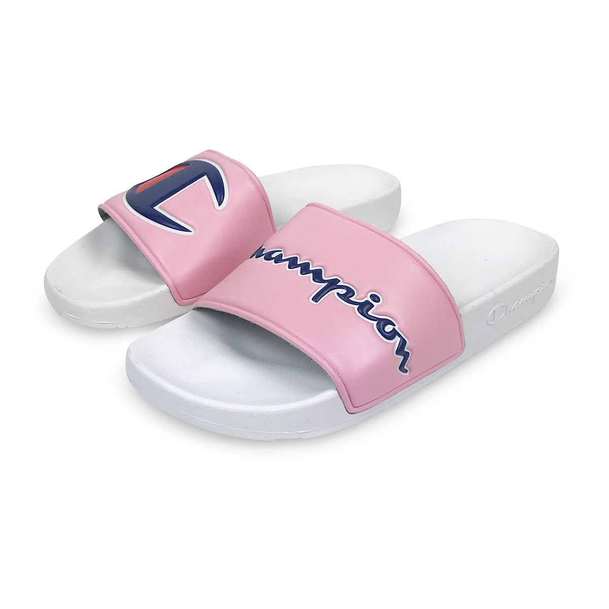 pink and white champion slides