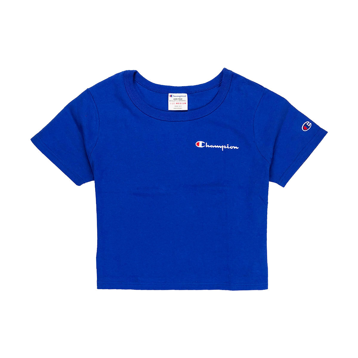 blue cropped champion shirt