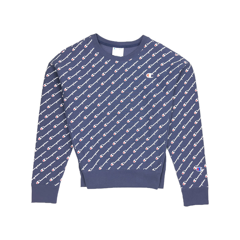 champion reverse weave all over print blue crew neck sweatshirt