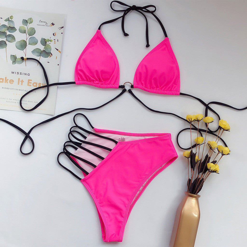 Strappy Neon Bikini w/ Asymmetrical High Waisted Bottoms – Beachside Bunny