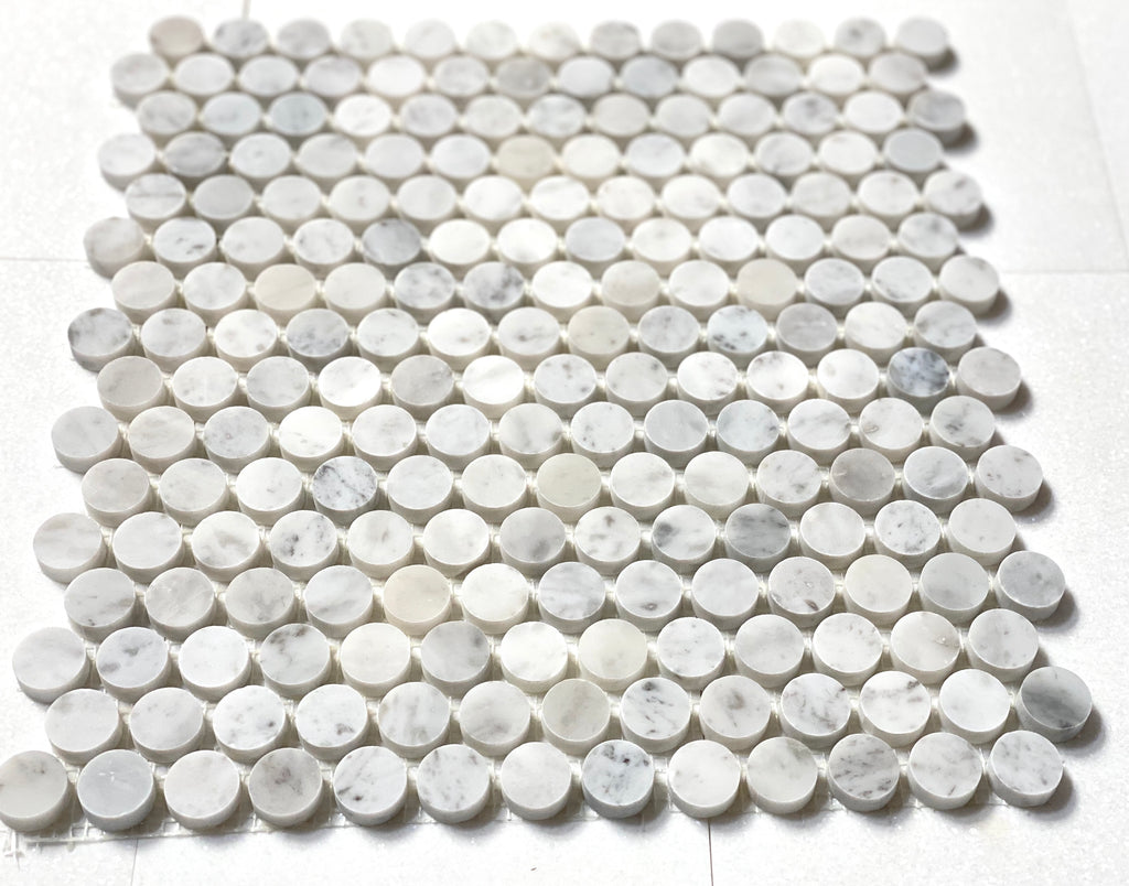 Carrara White Italian Carrera Marble 3/4 inch Penny Round Mosaic Tile –  Budget Marble