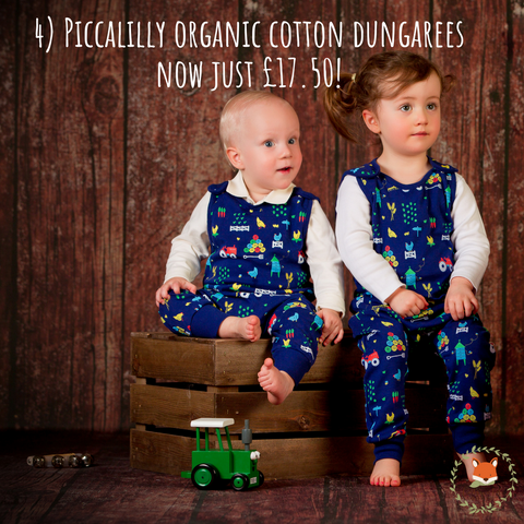 babies wearing organic cotton farmyard theme dungarees from Piccalilly - Cotswold Baby Co