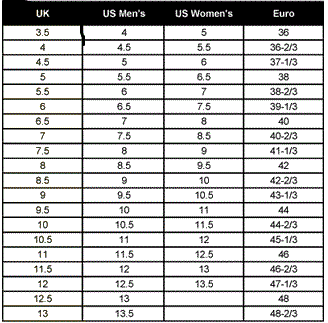 Cross Country Shoe Size Chart