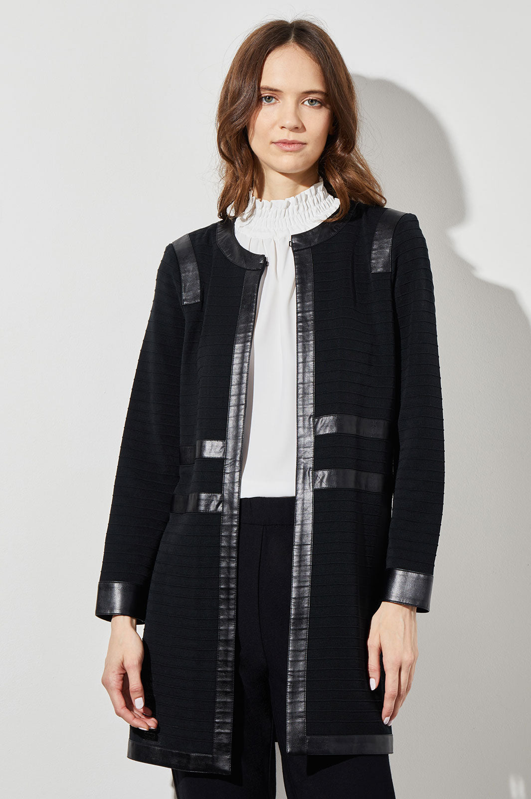 Ming Wang Plus Size Faux Leather Trim Knit Jacket, Black