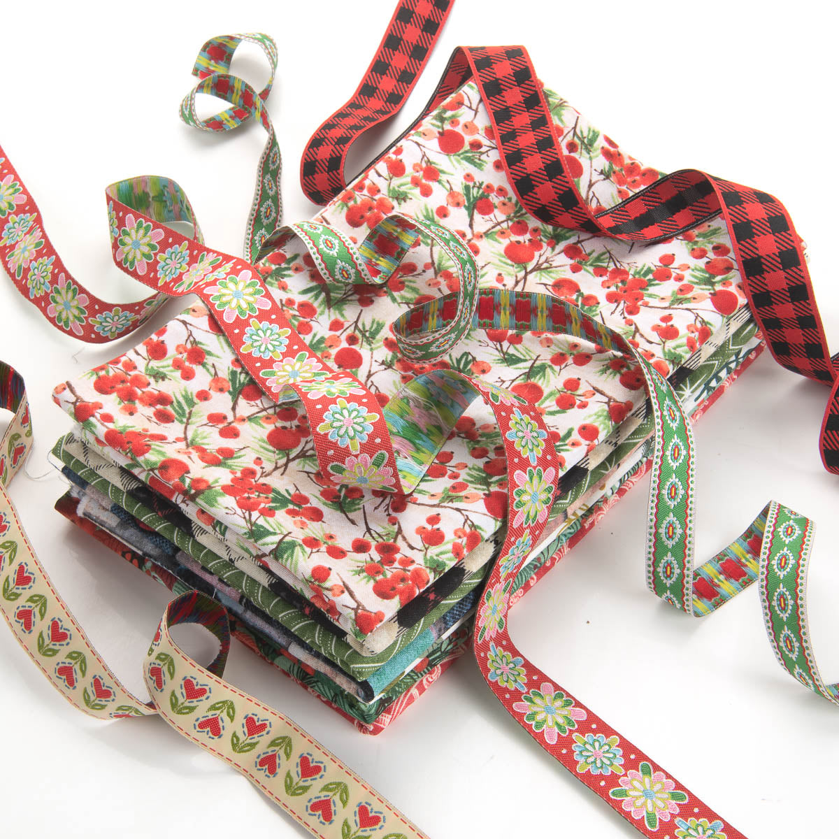 Image of Holiday Fabrics and Ribbons Green Bundle