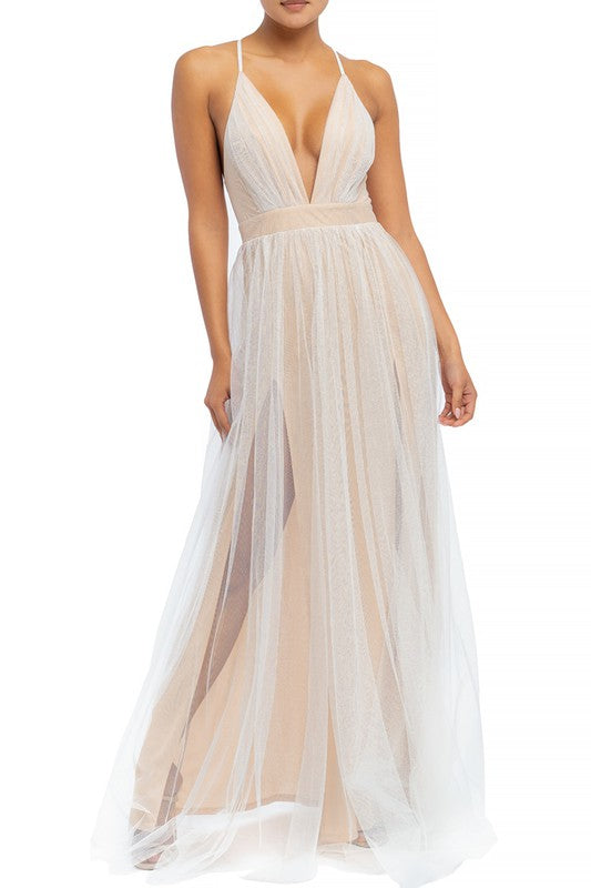 Tayci Tulle Maxi Dress in White/Nude 