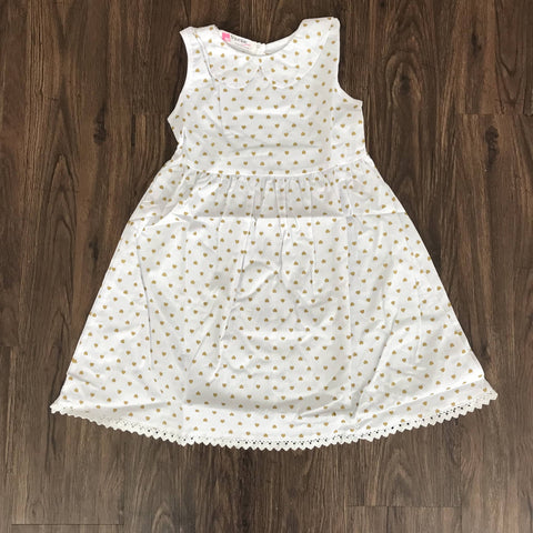 white and gold polka dot dress