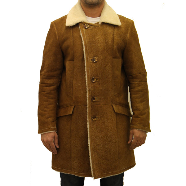 Mens tan with cream sheepskin single breasted winter trench coat – A to ...