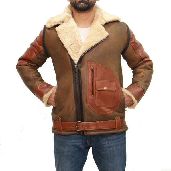 Mens tri-brown colour and cream sheepskin bomber jacket