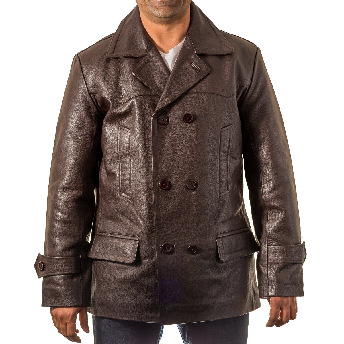 Mens Dr Who military style double breasted Uboat leather German Peacoat
