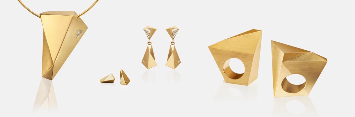 Stealth | Collier, Kettenanhänger, Kette, Ohrringe, Ohrhänger, Ring, 750/- Gelbgold, Brillanten, Diamanten | necklace, pendant, earrings, ear studs, ring 18kt yellow gold | SYNO-Schmuck.com