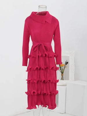 Ruffles Pleated Dress Women Lapel Elegant Dresses With Belt - FrenzyAfricanFashion.com
