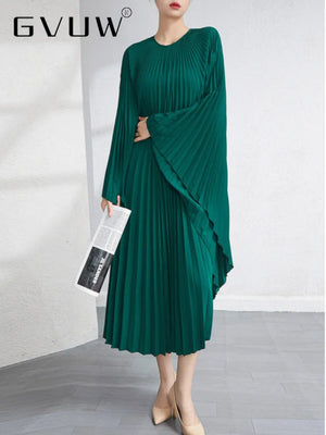 Solid Batwing Sleeve Pleated Dress Loose Irregular Clothing Spring Autumn - FrenzyAfricanFashion.com
