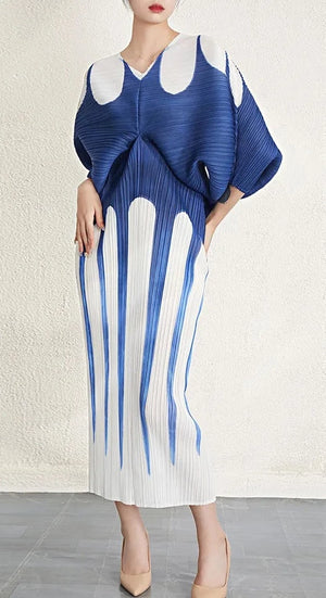 Color Block Printing Pleated Dress Batwing Sleeves Dresses - FrenzyAfricanFashion.com