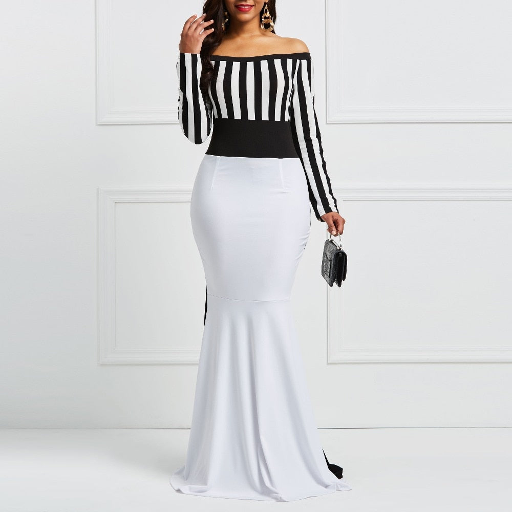 Elegant Sheath Women Off Shoulder Long Sleeve Black Stripes White Body –  FrenzyAfricanFashion.com